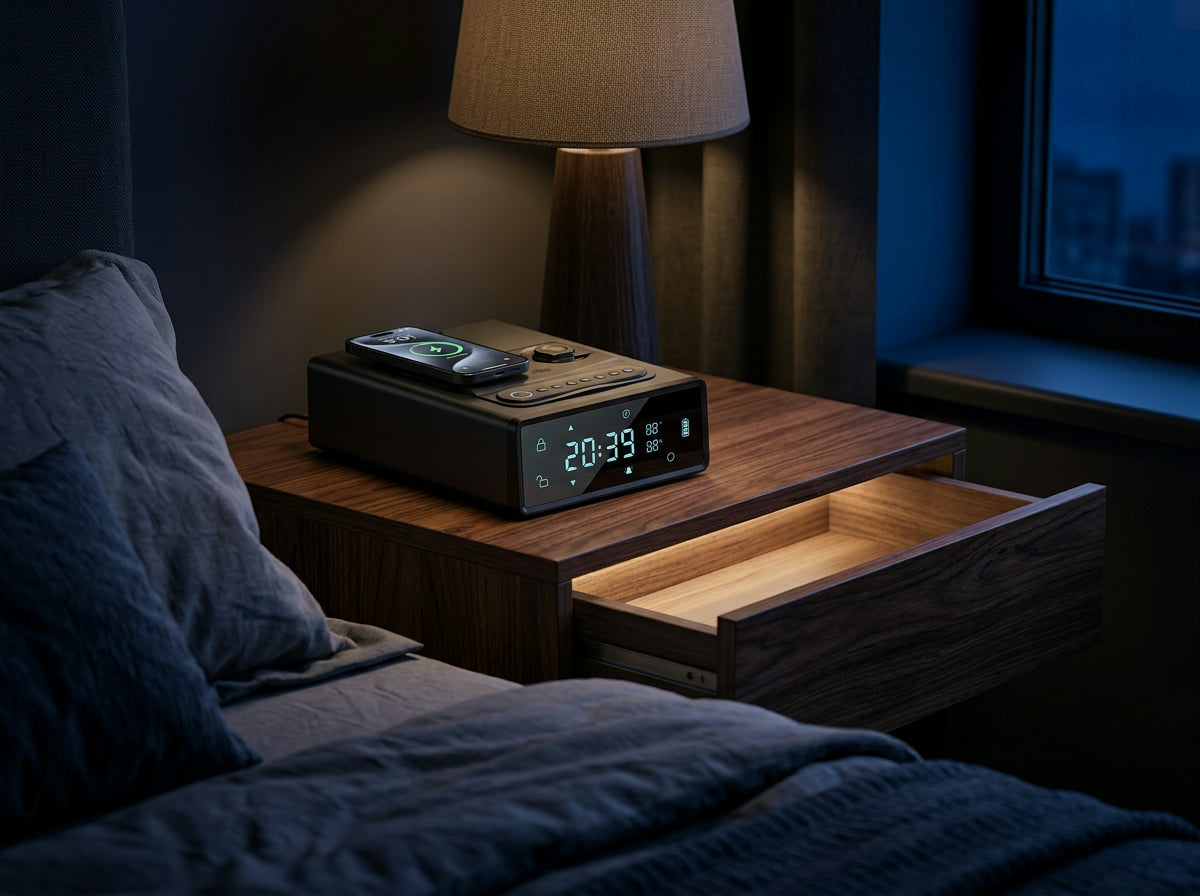 Sentinel Slide Pro on a nightstand at night, drawer sliding open